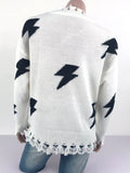 Women Lightning Print Crew Neck Ripped Fringed Long Sleeve Sweaters