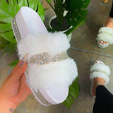 Flauschig Strasssteine Verziert Pantoffel Pink Weiß