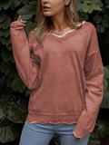 Unifarben Strickpullover mit V-Ausschnitt
