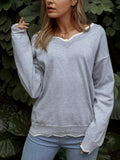 Unifarben Strickpullover mit V-Ausschnitt
