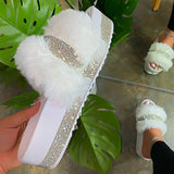 Flauschig Strasssteine Verziert Pantoffel Pink Weiß