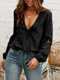 Women Lace V Neck Solid Balloon Long Sleeve Blouses