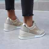 Perforiert Keilabsatz Schnürung Sneakers Grau Leopard