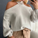Langärmliger sexy schulterfreier Pullover