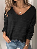 Langärmeliger V-Ausschnitt aus Polyester für Frauen und goldgestreifte Pullover