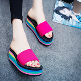 Regenbogen Farben Elastische Band Plateau Keilabsatz Slippers