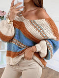Lässiger V-Ausschnitt Farbblock Pullover