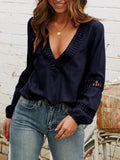Women Lace V Neck Solid Balloon Long Sleeve Blouses