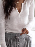 Weiß V-Ausschnitt Langarm Gestrickt Unifarben Shirts & Blusen&Shirts