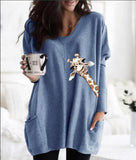 Round Neck Giraffe Drucken Lange Ärmel Oversize T-Shirt