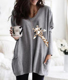 Round Neck Giraffe Drucken Lange Ärmel Oversize T-Shirt