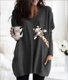 Round Neck Giraffe Drucken Lange Ärmel Oversize T-Shirt