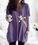 Round Neck Giraffe Drucken Lange Ärmel Oversize T-Shirt