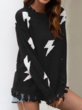 Women Lightning Print Crew Neck Ripped Fringed Long Sleeve Sweaters
