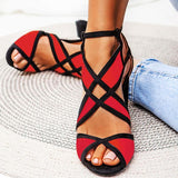 Farbkombination Peep Toe Blockabsatz Riemen Sandale Rot Blau