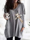 Round Neck Giraffe Drucken Lange Ärmel Oversize T-Shirt