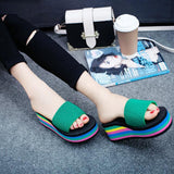 Regenbogen Farben Elastische Band Plateau Keilabsatz Slippers