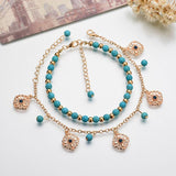 Boho Türkis Perlen Fußkettchen Blumen Anhänger  Füßkette Schmuck