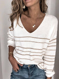 Langärmeliger V-Ausschnitt aus Polyester für Frauen und goldgestreifte Pullover