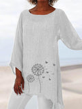 Lässiges T-Shirt aus Baumwollleinen mit Löwenzahnschmetterling und bedrucktem T-Shirt für Damen