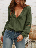 Women Lace V Neck Solid Balloon Long Sleeve Blouses