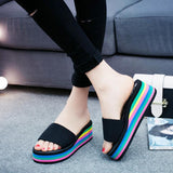 Regenbogen Farben Elastische Band Plateau Keilabsatz Slippers