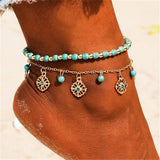 Boho Türkis Perlen Fußkettchen Blumen Anhänger  Füßkette Schmuck