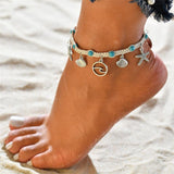 Boho Türkis Perlen Seesterne Muscheln Anhänger Fußkette Schmuck