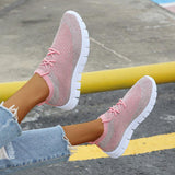 Flyknit Stoff Sportlisch Flache Schnürsneakers Pink Grau Schwarz