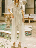 Kurzarm Jumpsuit aus Baumwolle und Leinen mit Schnürung