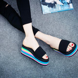 Regenbogen Farben Elastische Band Plateau Keilabsatz Slippers
