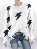 Women Lightning Print Crew Neck Ripped Fringed Long Sleeve Sweaters