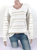 Langärmeliger V-Ausschnitt aus Polyester für Frauen und goldgestreifte Pullover