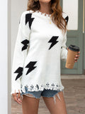 Women Lightning Print Crew Neck Ripped Fringed Long Sleeve Sweaters
