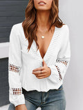 Women Lace V Neck Solid Balloon Long Sleeve Blouses