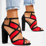 Farbkombination Peep Toe Blockabsatz Riemen Sandale Rot Blau