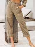 Frauen einfarbige Hose aus Baumwolle und Leinen High Waist