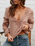 Women Lace V Neck Solid Balloon Long Sleeve Blouses
