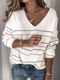 Langärmeliger V-Ausschnitt aus Polyester für Frauen und goldgestreifte Pullover