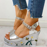 Gänseblümchen Keilabsatz Schließe Sandalette Silber Taupe