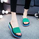 Regenbogen Farben Elastische Band Plateau Keilabsatz Slippers
