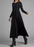 Elegantes V-Ausschnitt Langarm Midikleid