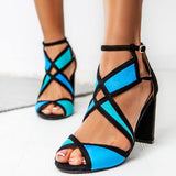 Farbkombination Peep Toe Blockabsatz Riemen Sandale Rot Blau