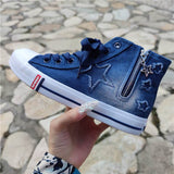 Sterne Seitlicher Reißverschluss Denim Schnürsneakers