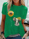 Retro Kurzarm Süße Blusen mit Sonnenblume Elefant Print