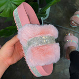 Flauschig Strasssteine Verziert Pantoffel Pink Weiß