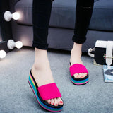 Regenbogen Farben Elastische Band Plateau Keilabsatz Slippers