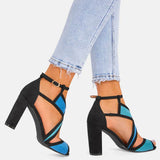 Farbkombination Peep Toe Blockabsatz Riemen Sandale Rot Blau