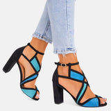 Farbkombination Peep Toe Blockabsatz Riemen Sandale Rot Blau