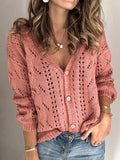 Gestrickt Perforiert V Ausschnitt Elegant Cardigan aus Baumwollemix